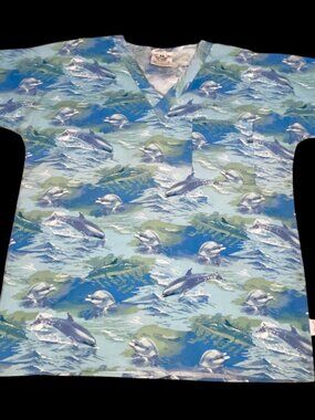 Crest Dolphin Ocean Tropical Blue White Scrub Top Shirt Sz Small Medium Nurse